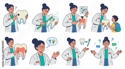 Dentist character set illustrating dental care, healthcare, and medical activities with educational poses