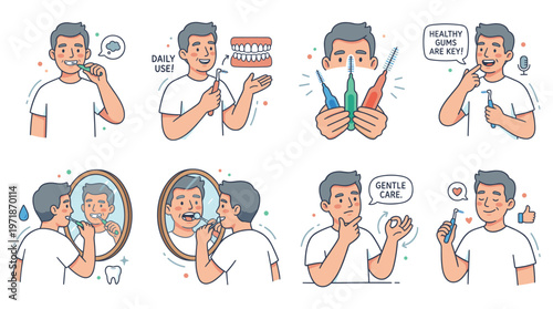 A Comprehensive Character Set Demonstrating Daily Dental Care and Oral Healthcare Activities