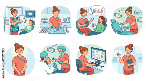 Comprehensive Female Dental Care Professional Character Set Engaging in Healthcare Medical Activities and Poses Collection