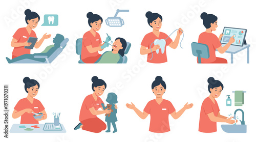 Diverse Character Set Depicting Dental Care, Healthcare, and Medical Professional Poses and Activities Collection