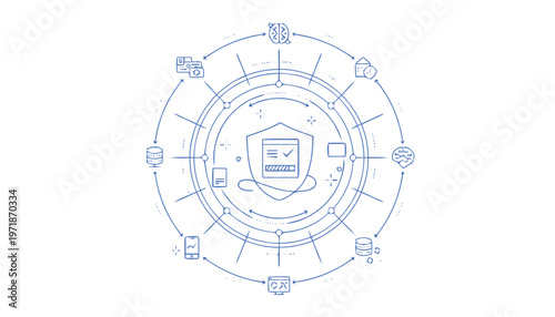 Digital Security Shield with Laptop and Data Icons.