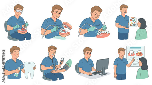 Comprehensive Character Set Illustrations for Dental Care and Healthcare Professionals Poses and Medical Activities