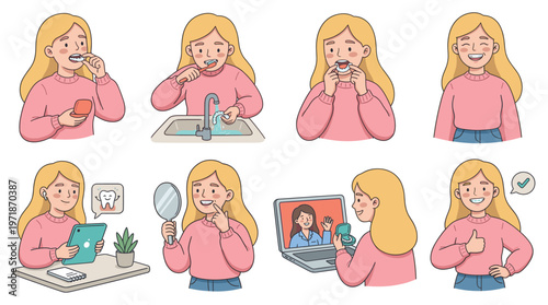 A cheerful character collection demonstrating essential dental care, healthcare poses, and daily hygiene activities