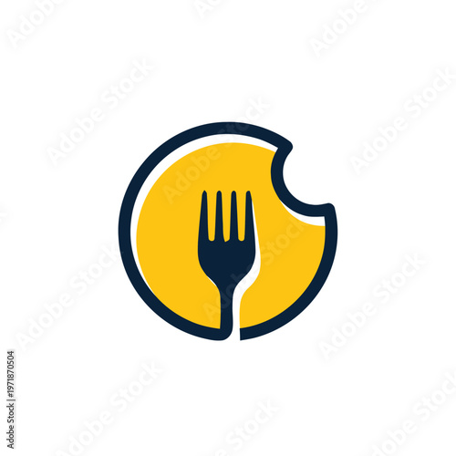 Fork Silhouette Inside Circular Bite Mark Food Logo Design.