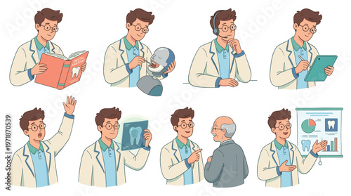 Dynamic Character Set Illustrating a Dentist's Diverse Dental Care, Healthcare, and Medical Poses and Activities Collection