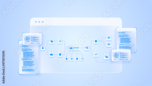AI workflow automation artificial intelligence. ai agent workflow diagram dashboard machine learning showing node input, processing flow panel, coding panel and process flow.