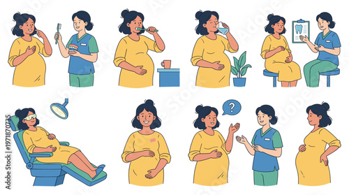 Character Set Pregnant Woman's Dental Care, Healthcare Visits, Medical Poses, and Everyday Activities Collection