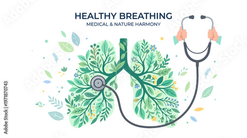 Flat vector illustration of human lungs connected with a stethoscope surrounded by green leaves and plants. Concept of healthy breathing, clean air, and harmony between healthcare and nature.