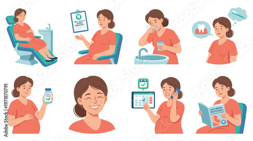 Expectant Mother's Health Journey Daily Dental Care, Medical Poses, and Wellness Activities During Pregnancy