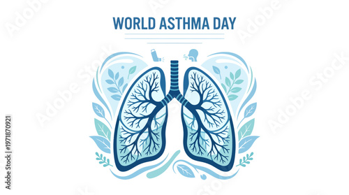 Modern flat vector illustration of human lungs with bronchial tree anatomy for World Asthma Day awareness campaign.