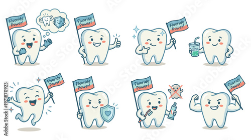 Cute Tooth Character Set Showcasing Various Dental Care and Oral Healthcare Activities and Poses