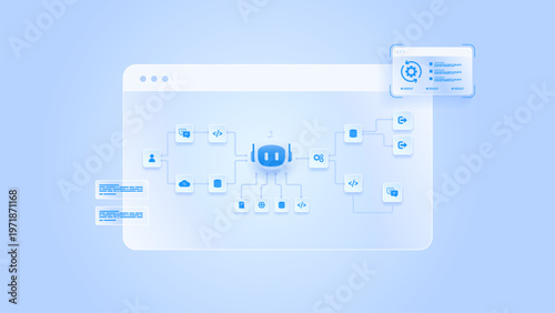 AI workflow automation artificial intelligence. ai agent workflow diagram dashboard machine learning showing node input, processing flow panel and process flow.