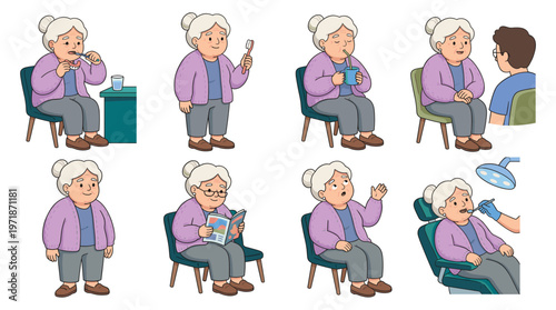 Comprehensive Character Set of Senior Woman's Dental Care, Healthcare Visits, Medical Poses, and Daily Activities Collection