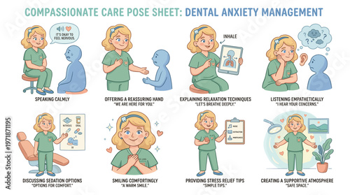 Compassionate Dental Care Poses and Activities for Anxiety Management in Medical Healthcare Settings Character Set