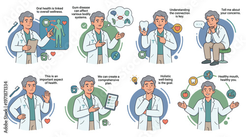 Professional Dentist Character Set Explaining Comprehensive Dental Care and Holistic Healthcare Activities