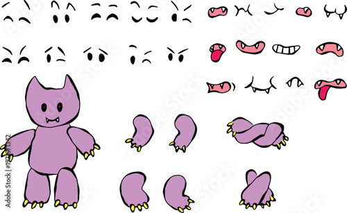 Vector set of purple cartoon character parts - horns, eyes, mouths, limbs - for cute designs. Perfect for stickers, kids' media and social platforms. Hand-drawn with ink brush
