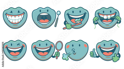 A vibrant collection of happy cartoon mouths depicting essential dental care activities and healthy oral hygiene practices