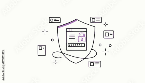 Digital Security Shield with Padlock and Browser Window Illustration.