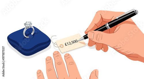 Hands exchanging diamond ring with price tag, engagement symbol, proposal concept, flat design, modern style, business transaction, gift giving, romantic gesture, elegance