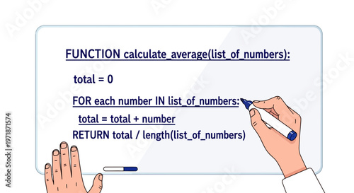 Hand writing a Python function to calculate average on a whiteboard with a blue marker, step-by-step programming tutorial, educational concept, coding process, programming language