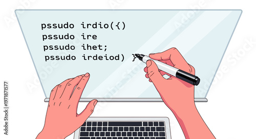 A person's hands coding on a laptop with a stylus, writing pseudocode on screen in a colorful digital illustration style, depicting programming and software development in a modern context