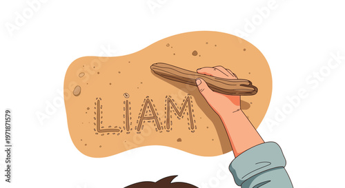 Cartoon hand writing name Liam on stone tablet with stylus, ancient writing, educational concept, childhood learning, vector graphics, simple illustration, flat design, colorful artwork