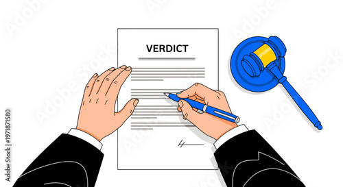 A pair of hands in a business suit signing a verdict document with a blue pen, beside a gavel, in a flat design style, symbolizing a court decision or judgment, in a legal context.