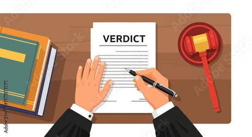 A close-up of a judge's hands writing a verdict on a document with a pen on a wooden desk with law books and a gavel, flat lay, simple cartoon style, legal context, courtroom atmosphere.