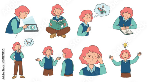 Versatile young character set in diverse poses engaging in various learning and creative activities, showcasing thought processes