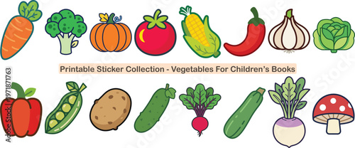 Collection of printable stickers of vegetables for children's books. Collection of colorful vegetables. Vegetables for children. Collection of famous vegetables. Sticker collection. 