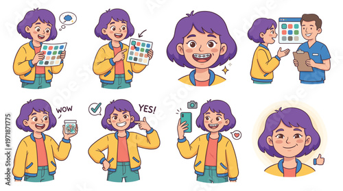 Character Set Illustrations Youthful Dental Care Journey with Braces and Healthcare Poses