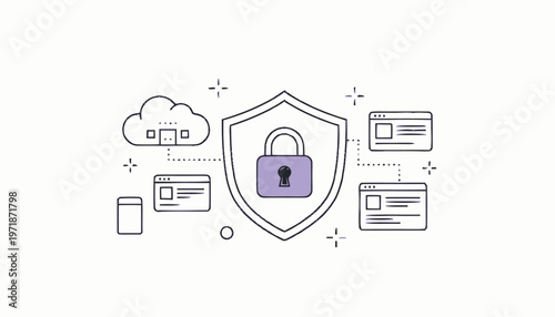 Digital Security Shield with Padlock and Cloud Network Illustration.
