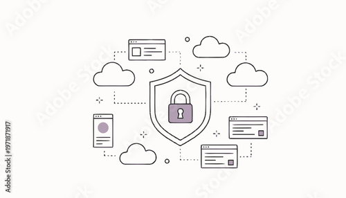 Digital Security Shield with Padlock and Cloud Network Illustration.