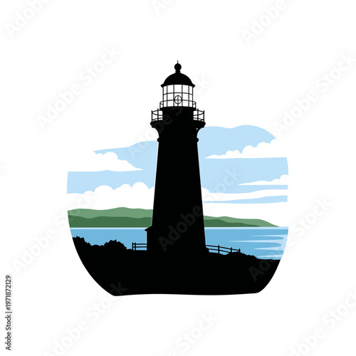 Guiding Light Silhouette: A striking silhouette of a lighthouse stands tall against a scenic backdrop, symbolizing guidance, safety, and a beacon of hope, against sea and landscape