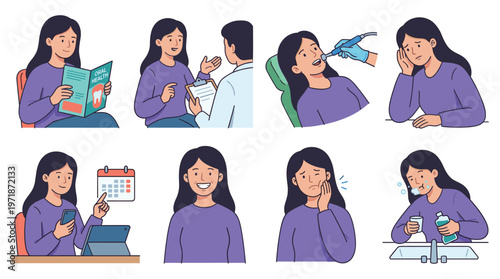 Female character set illustrating comprehensive dental care, healthcare experiences, and essential oral hygiene activities