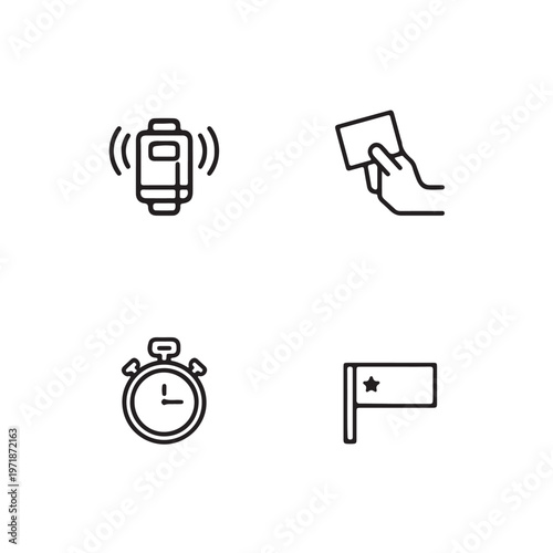 Four minimalist sports referee icons including vibrating smartwatch whistle hand holding yellow red card stopwatch timer and flag with star symbol.