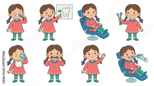 Animated Character Set Demonstrating Kids Dental Care and Oral Health Hygiene with Healthcare and Medical Activities