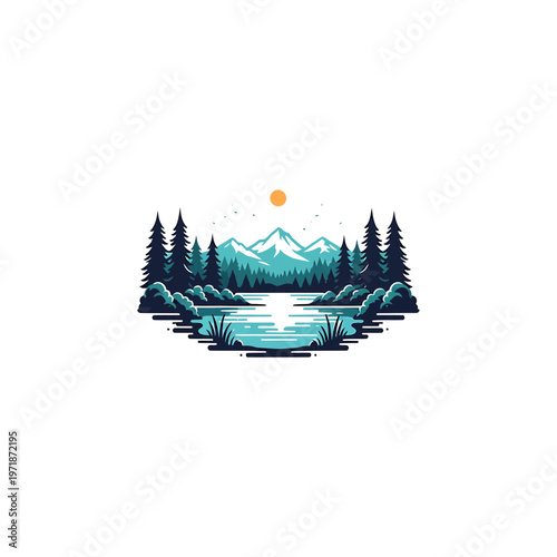 Serene Wilderness Landscape: A tranquil illustration showcases a picturesque scene of mountains and a serene lake, framed by lush trees under a radiant sun. 