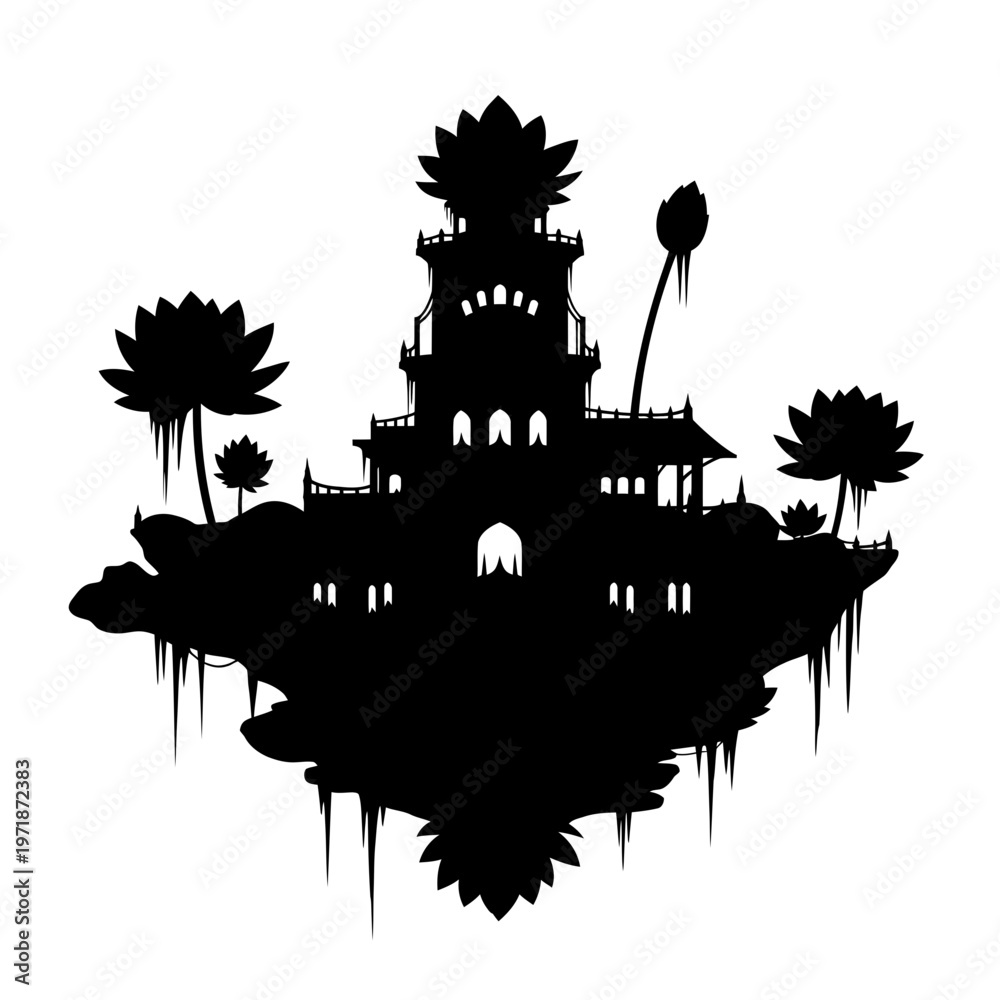 Obraz premium Silhouette of an Ancient Temple: A detailed silhouette of an ancient temple, exuding an aura of mystery and historical grandeur, sits atop an island, surrounded by exotic lotus flowers.