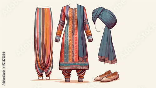 Traditional Attire: Illustration of a traditional ensemble, showcasing the rich textiles and intricate designs of a specific culture's garments, accessories, and shoes.