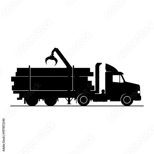 Logistics in Motion: A robust logging truck silhouette, efficiently transporting timber with a mechanized arm, illustrating the industriousness of the forest industry.