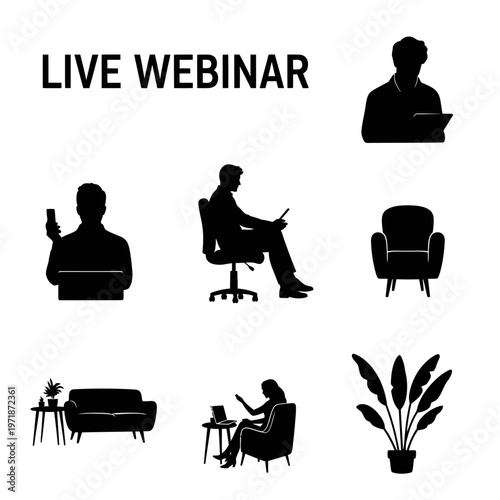 Webinar Silhouettes: A collection of minimalist silhouettes representing various scenarios related to a live webinar, capturing the essence of online learning and communication.