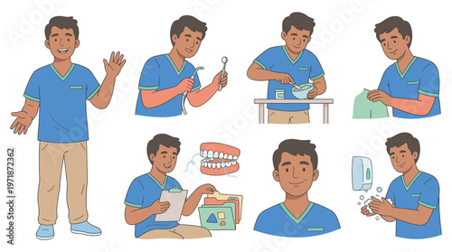 Healthcare Professional Character Set Demonstrating Dental Care and Medical Hygiene Activities Collection