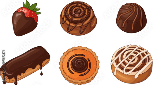 Chocolaty Dessert Vector Set with Chocolate-Dipped Strawberry, Chocolate Truffles, Eclairs, and Tarts for Bakery, Café, and Confectionery Designs