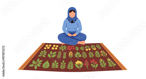 Woman sitting on prayer mat.