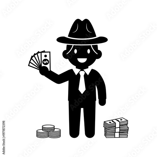 Gangster's Bounty: A stylized illustration of a suited figure, adorned with a hat and tie, holds a handful of currency. Banknotes and coins pile on the floor