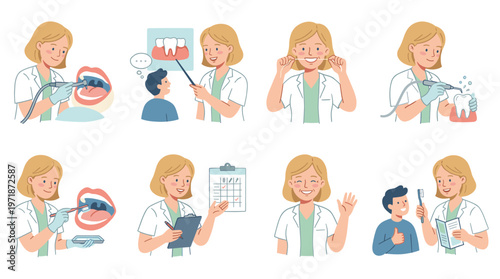 Comprehensive Character Set Illustrating Dental Care, Medical Procedures, Healthcare Poses, and Patient Activities