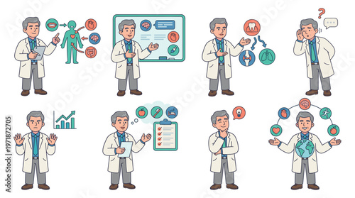 Dynamic Doctor Character Set Illustrating Diverse Healthcare, Medical, and Educational Activities with Informative Poses