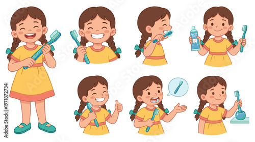 Cute Young Girl Character Set Demonstrating Daily Dental Care Routine and Oral Hygiene Habits