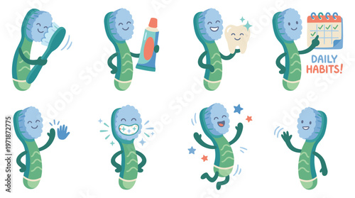 Charming Cartoon Toothbrush Character Set Illustrating Dental Care, Daily Oral Hygiene Routines, and Healthcare Habits Collection